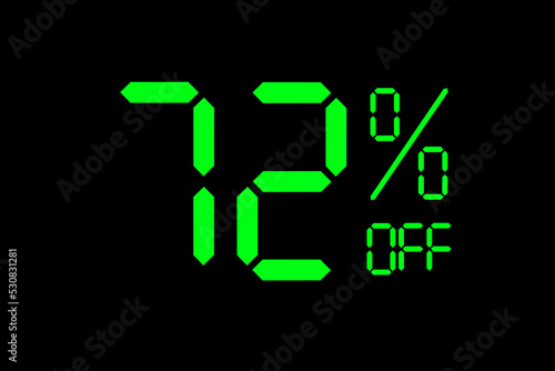 Vector illustration of green 72% discount special offer tag. Discount offer price tag for advertising campaign symbol in retail, sales promotion marketing, shopping day in green neon digital style.