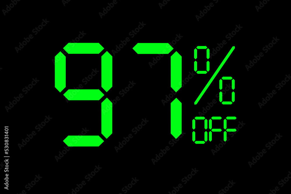 Vector illustration of green 97% discount special offer tag. Discount offer price tag for advertising campaign symbol in retail, sales promotion marketing, shopping day in green neon digital style. Vector illustration of green 97% discount special offer tag. Discount offer price tag for advertising campaign symbol in retail, sales promotion marketing, shopping day in green neon digital style.