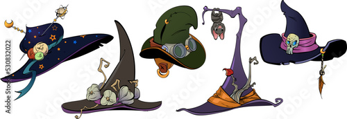vector set of witch hats for Halloween holiday.Bat,garlic,moon and stars for masquerade on fear night.