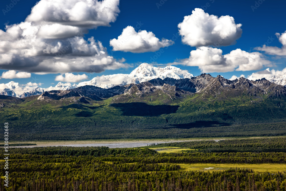 Panorama of Mount Denali (Mount McKinley), highest mountain in North America, part of the Alaska Range