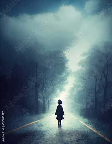 little girl walking on a long road, anime illustration, thinking about life