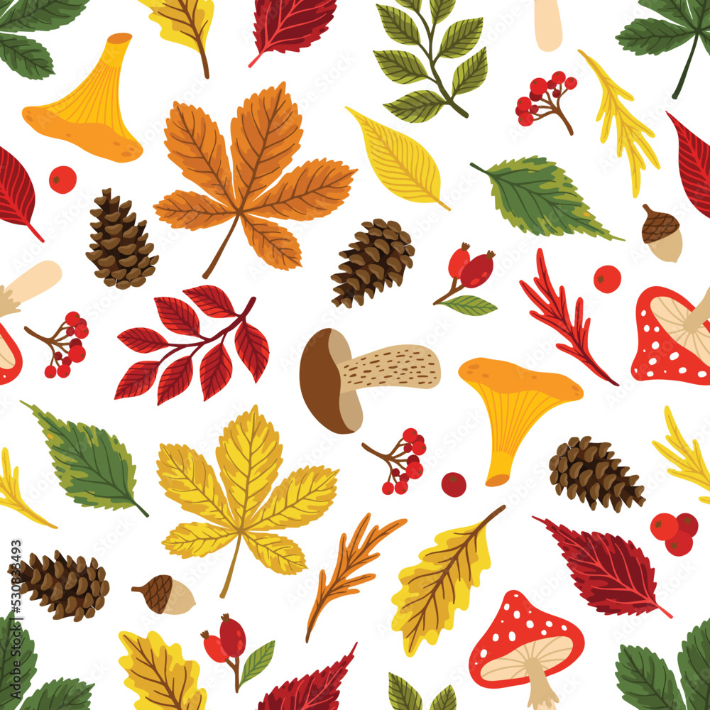 Seamless pattern with acorns, autumn leaves, mushrooms. Perfect for wallpaper, gift paper, pattern fill, autumn greeting cards. Seamless pattern with acorns, autumn leaves, mushrooms. Perfect for wallpaper, gift paper, pattern fill, autumn greeting cards.