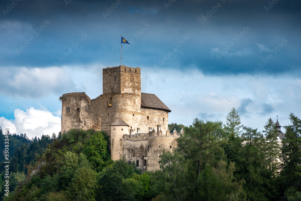 Medieval castle in Niedzica, Poland. XIV century fortification located on top of the hill at the border of Pieniny National Park. Stronghold surrounded by trees. Flag waving over the castle.