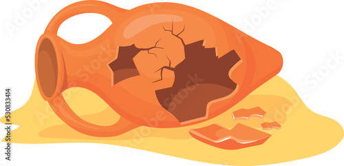 Old amphora in sand. Broken ceramic vessel icon