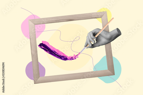 Creative 3d photo artwork graphics collage of hand holding painting brush drawing canvas picture wooden frame artist painter masterpiece