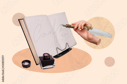 Fotografie Composite collage picture image of hand hold write retro vintage pen feather wri