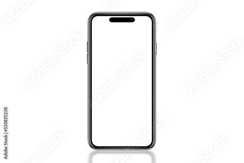 Smartphone similar to iphone 14 with blank white screen for Infographic Global Business Marketing Plan, mockup model similar to iPhone isolated Background of digital investment economy - Clipping Path