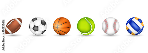 Set of sports vector balls isolated on a white background with shadow. American Football, Soccer, Basketball, Volleyball, Baseball, Tennis.