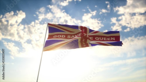 English flag in tribute to Queen Elizabeth II, after a 70 year reign over Great Britain and Buckingham Palace, the Queen of the United Kingdom and the other Commonwealth realms have passed away. photo