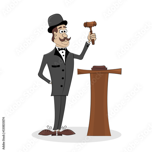 Salesman at auction holding hammer.  Concept of selling valuable items, bidding. Cartoon vector illustration.