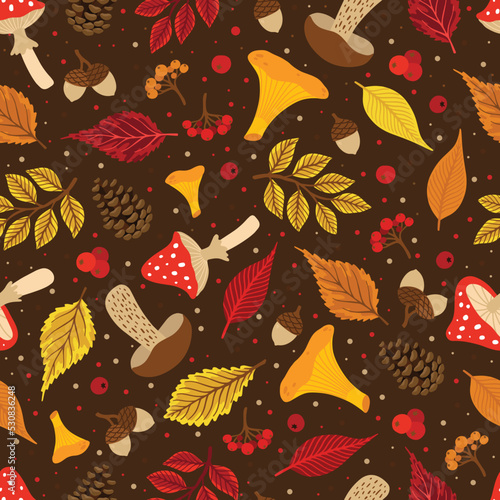 Seamless pattern with acorns, autumn leaves, mushrooms. Perfect for wallpaper, gift paper, pattern fill, autumn greeting cards.
