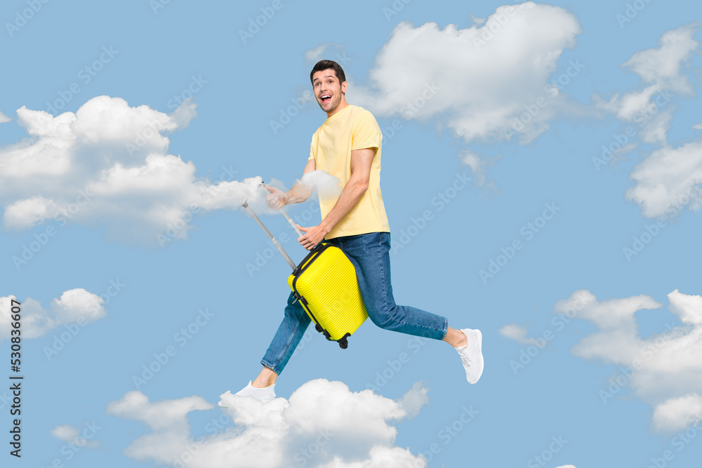 3d retro abstract creative artwork template collage of excited positive funny man saddle ride flying suitcase sky clouds traveler adventure 3d retro abstract creative artwork template collage of excited positive funny man saddle ride flying suitcase sky clouds traveler adventure