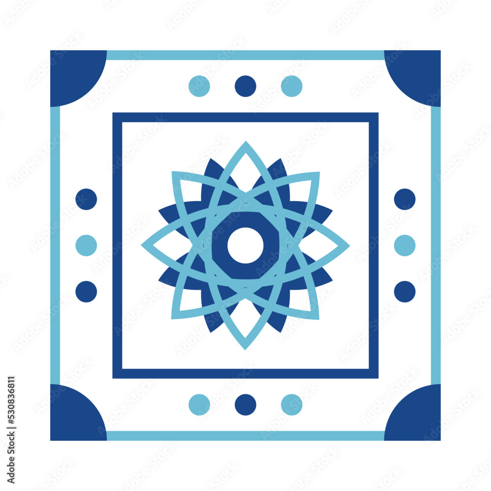 Square with geometric ornaments. Blue tile.
