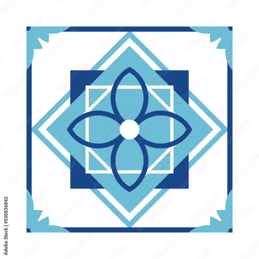 Square with geometric ornaments. Blue tile. Square with geometric ornaments. Blue tile.