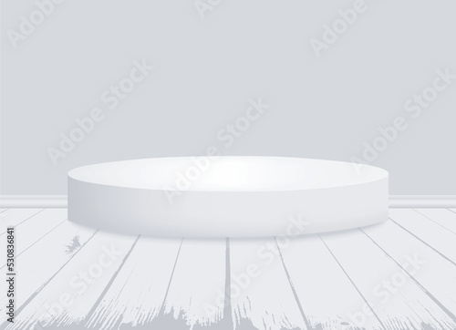 Round advertising podium or product stand on the wooden floor with empty space. White pedestal or scene in a studio or room. Vector realistic Mockup. 