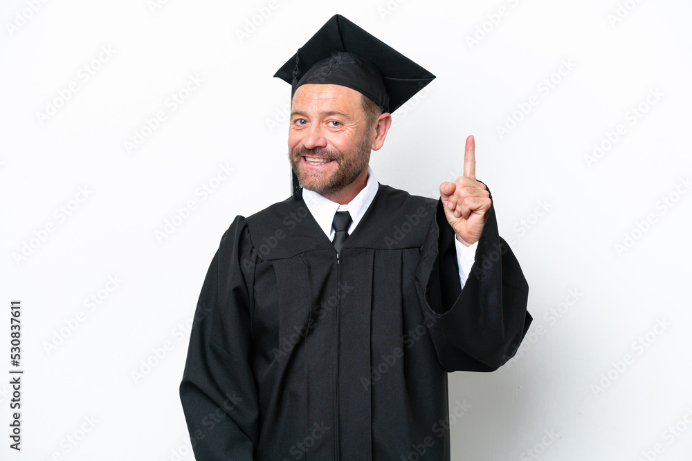 Middle age university graduate man isolated on white background showing and lifting a finger in sign of the best Middle age university graduate man isolated on white background showing and lifting a finger in sign of the best