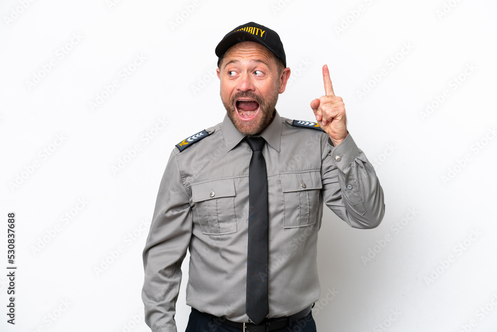 Middle age security man isolated on white background intending to realizes the solution while lifting a finger up Middle age security man isolated on white background intending to realizes the solution while lifting a finger up