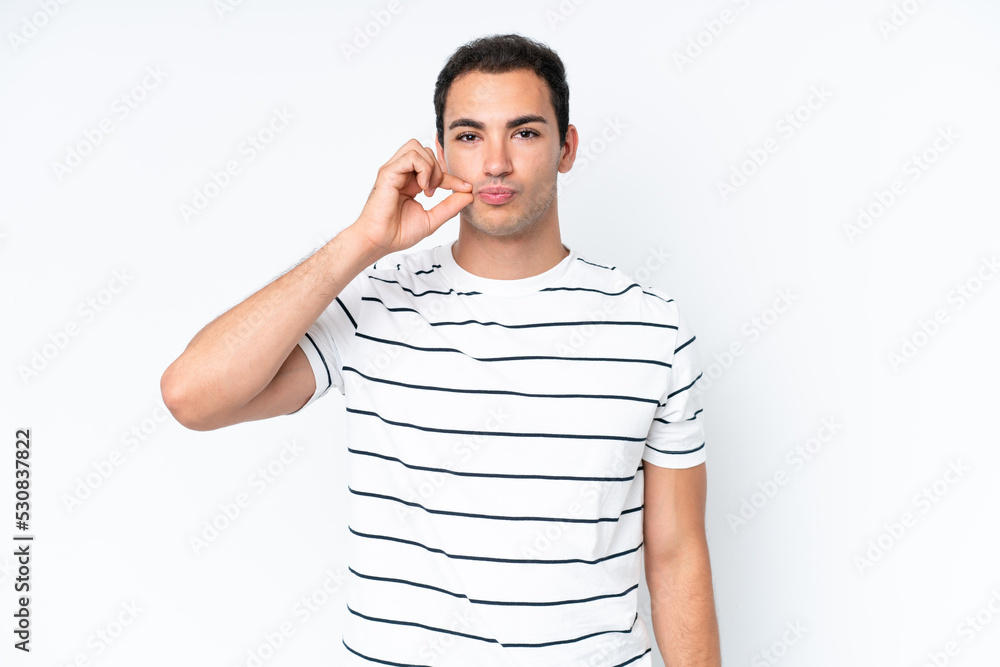Young caucasian man isolated on white background showing a sign of silence gesture Young caucasian man isolated on white background showing a sign of silence gesture