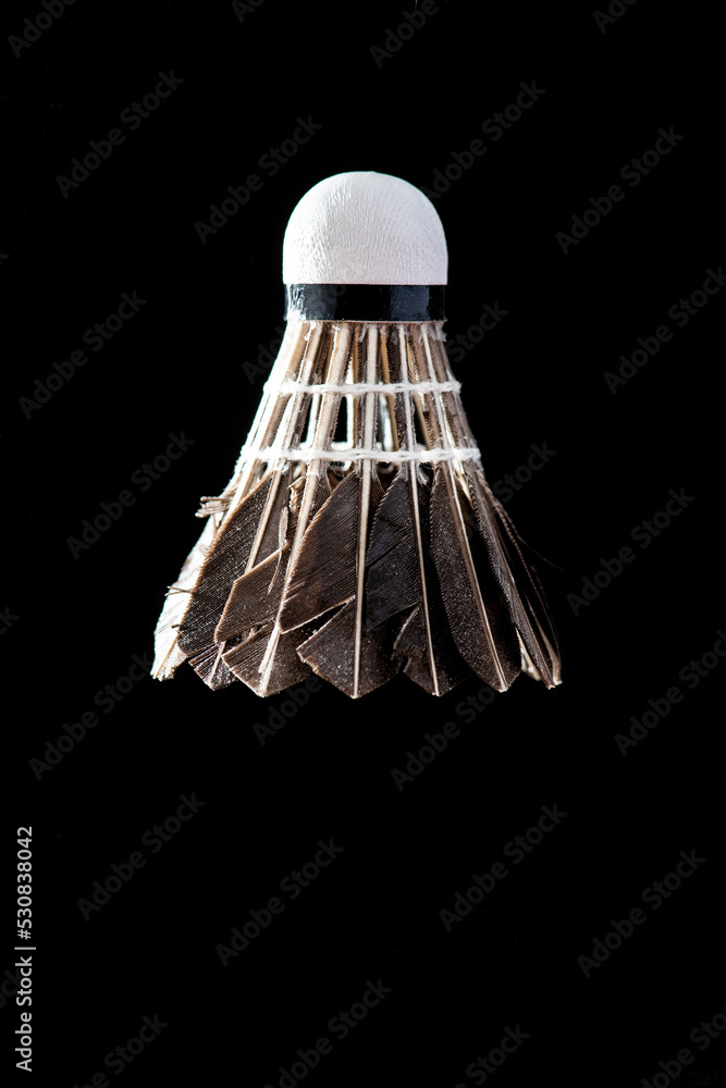Badminton shuttlecock on black background, close up feather detail