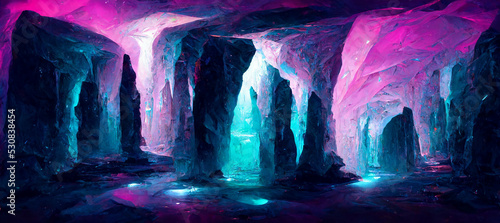 Tableau sur toile Futuristic sci-fi cave with cyan and violet crystals lights, 3D illustration
