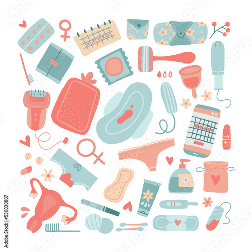 Big set of female hygiene products. Many menstrual cycle items. Woman critical days element. Collection of women's means personal hygiene. Menstrual cup, Sanitary pad, tampon, soap, drugs. Flat vector