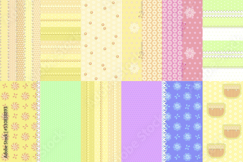 A set, a collection of Backgrounds and textures. Delicate pastel colors. Patchwork quilt. Stylish floral doodle pattern. Boho minimalism, children's.