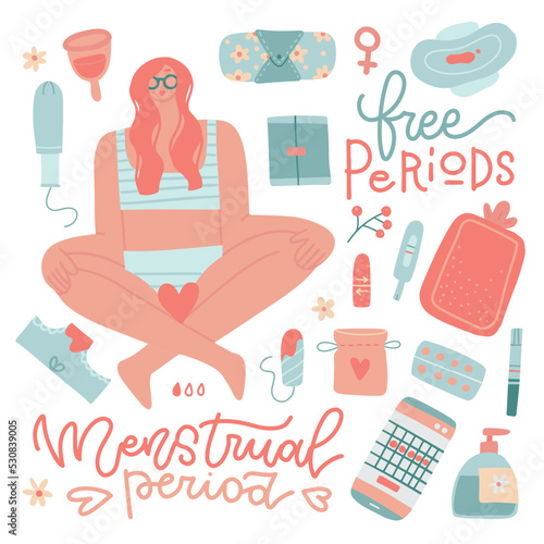 Set of cute hand drawn menstrual hygiene products - tampons, sanitary and reusable pad, warmer, menstrual cup, panties. Lettering quotes and cute female character. Flat cartoon vector illustration.