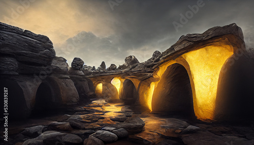 Ultra realistic rocky caves stone bridge ways halls pathway with yellow lights. 3D rendering