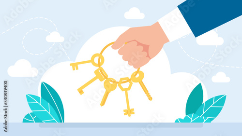 A businessman holds a bunch of keys with the ring for locks in his hand. Key set. Bunch of keys. Rental or sale. The concept of privacy, security, protection. Flat style. Vector business illustration.