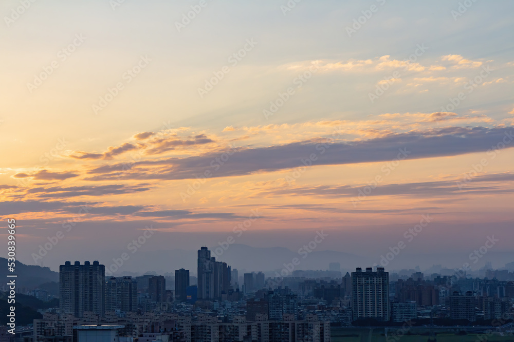 Sunset aerial view of the cityscape of Wenshan District of Taipei from Xianjiyan