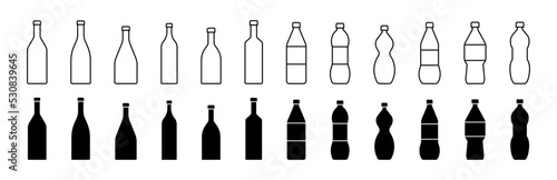Bottle icon. Bottle plastic and glass water icon. Plastic and wine bottle icons. Stock vector