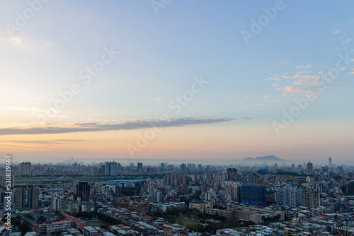 Sunset aerial view of the cityscape of Wenshan District of Taipei from Xianjiyan © Kit Leong