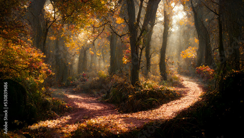 3D rendering. An autumn forest with big trees and sunrays background. 3D illustration