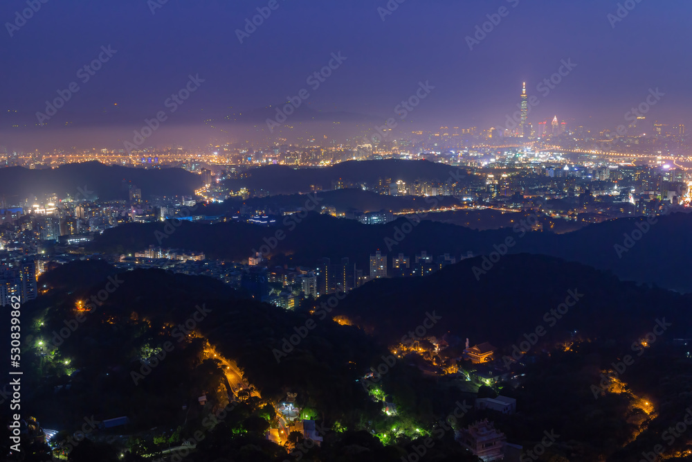 Twilight aerial view of the Neihu District cityscape from Bishanyan