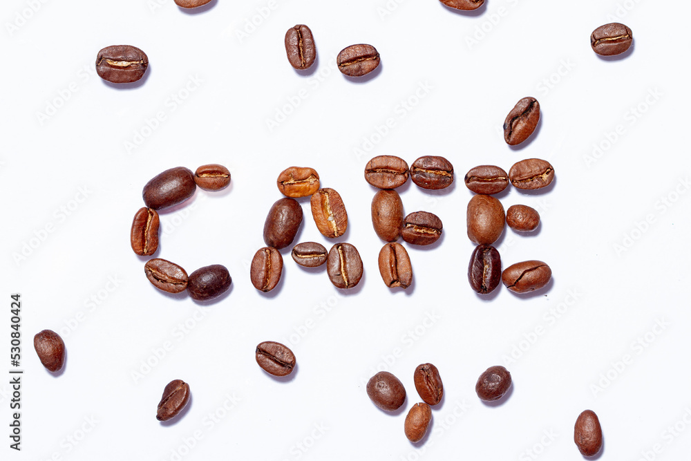 Café, caféine, grains de café, expression, arabica, robusta, gros plan, écriture Café, caféine, grains de café, expression, arabica, robusta, gros plan, écriture
