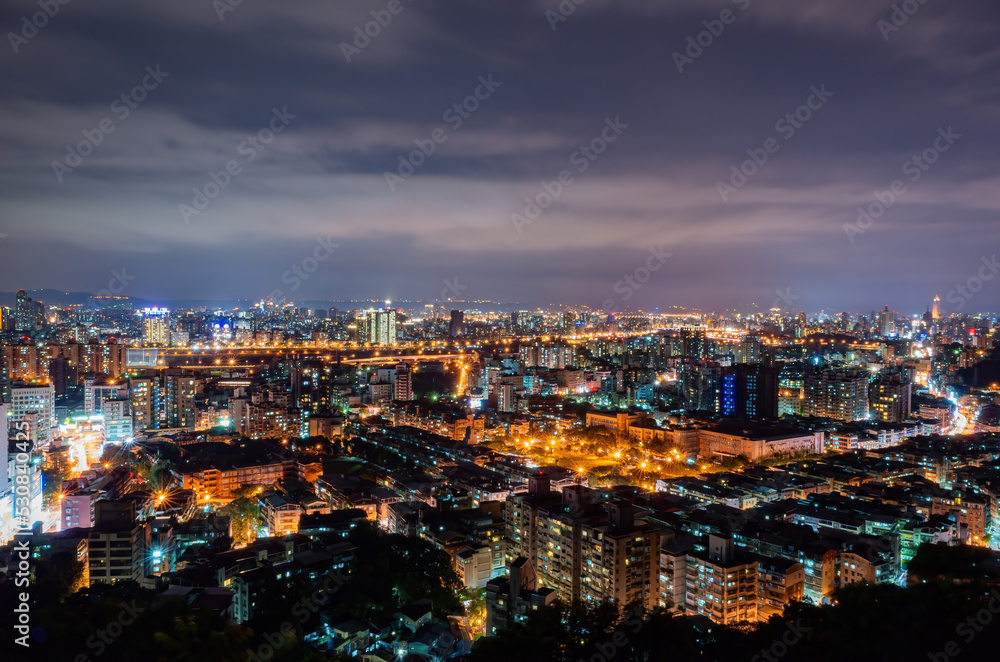 Night aerial view of the cityscape of Wenshan District of Taipei from Xianjiyan