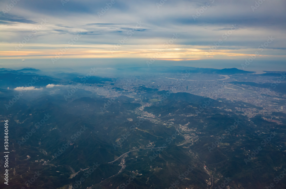 Foggy aerial view of the Taipei cityscape