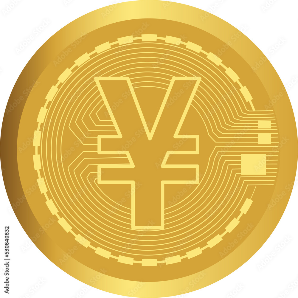 Obraz premium Chinese Yuan or Japanese Yen digital gold coin PNG front view. Currency exchange, financial investment and banking.