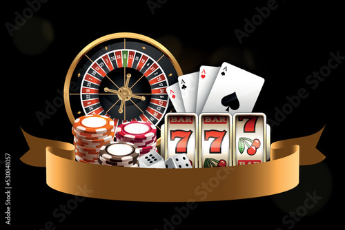 Vector illustration, casino background with golden playing cards casino chips and Jackpot you win text on sparkle background and golden lights. 3d background for casino games