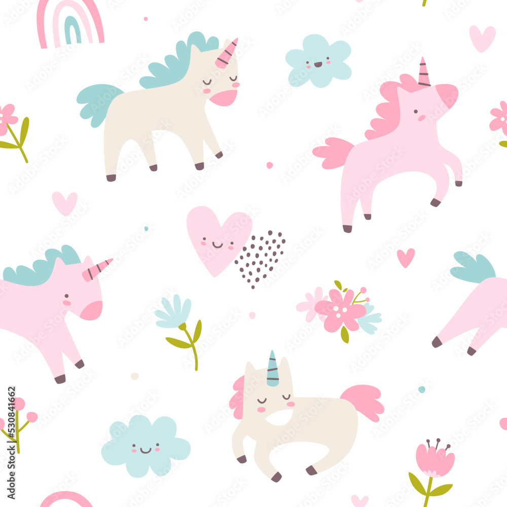 Cute pattern with unicorns for baby girls. Girly vector seamless print for textile and nursery.