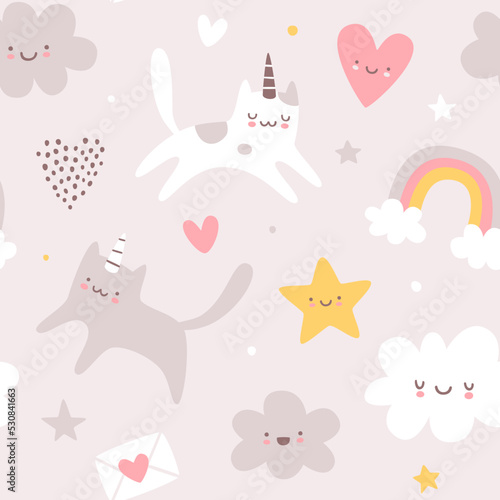 Cute scandinavian baby pattern with unicorn cats. Seamless vector print for girls fabric.