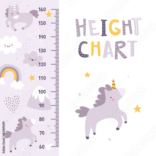 Height chart with unicorns. Scandinavian girly ruler. Cute stadiometer for baby room.