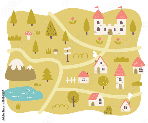 Fairytale village cute map. Medieval cartoon map print for girls carpet. Rural landscape.
