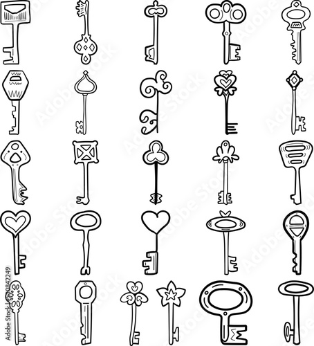 Keys Hand Drawn Doodle Line Art Outline Set Containing key, keys, latchkey, opener, passkey, screw, skeleton, lock