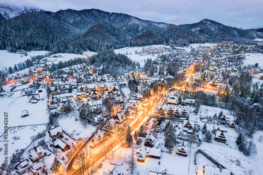 Obraz na płótnie Zakopane in winter, cityscape in snow, aerial drone view w salonie
