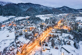 Zakopane in winter, cityscape in snow, aerial drone view