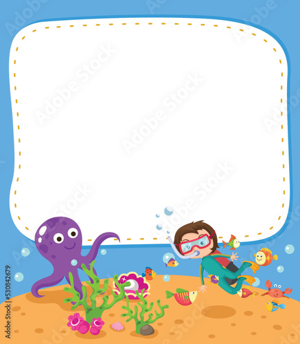 Empty banner template with boy scuba diving illustration