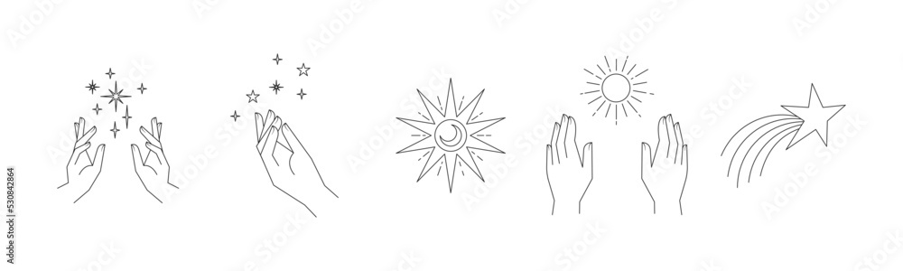 Aesthetic hands and cosmic and celestial elements. Universal cosmos related icons. Linear vector illustrations. Magic and Witchcraft symbology. Aesthetic hands and cosmic and celestial elements. Universal cosmos related icons. Linear vector illustrations. Magic and Witchcraft symbology.