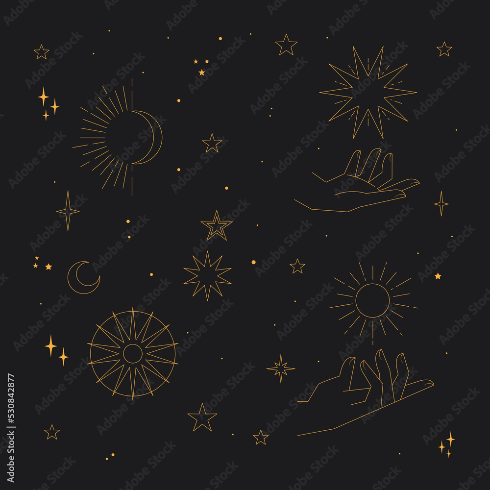 Mystical and Celestial elements with stars, planets, moons and hands. Palm and zodiac elements. Occult , Esoteric background Vector. Mystical and Celestial elements with stars, planets, moons and hands. Palm and zodiac elements. Occult , Esoteric background Vector.