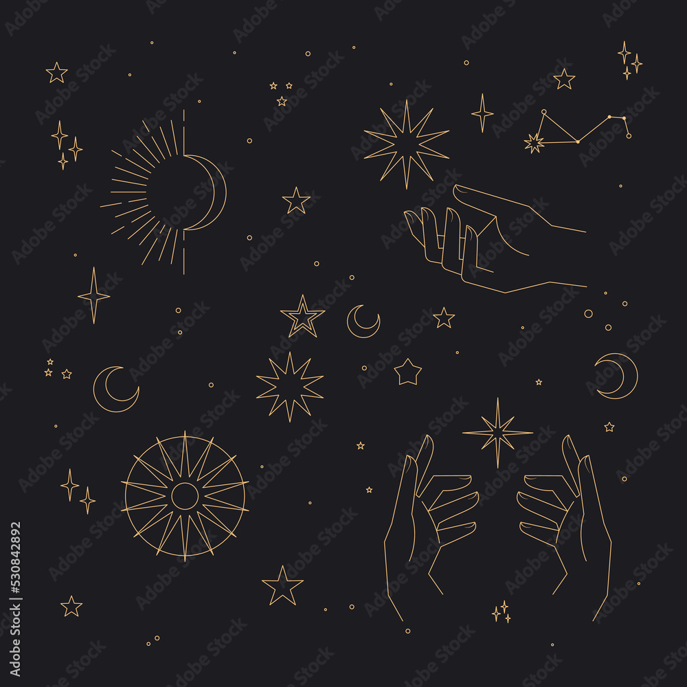 Mystical and Celestial elements with stars, planets, moons and hands. Palm and zodiac elements. Occult , Esoteric background Vector. Mystical and Celestial elements with stars, planets, moons and hands. Palm and zodiac elements. Occult , Esoteric background Vector.
